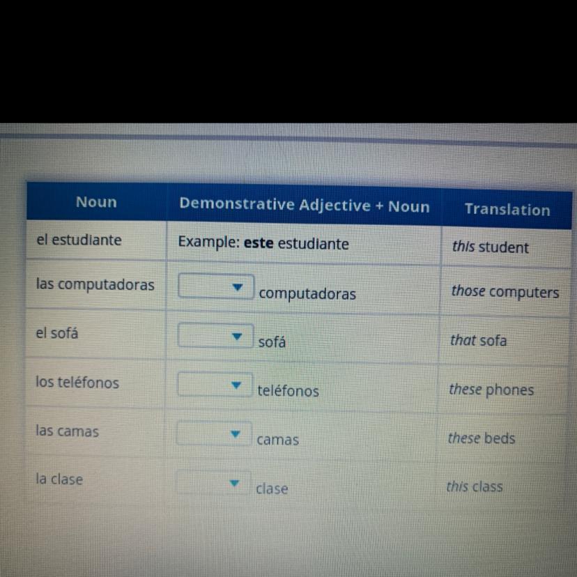 HURRY! Select The Correct Demonstrative Adjective From Each Drop-down Menu To Match The Translation Given.