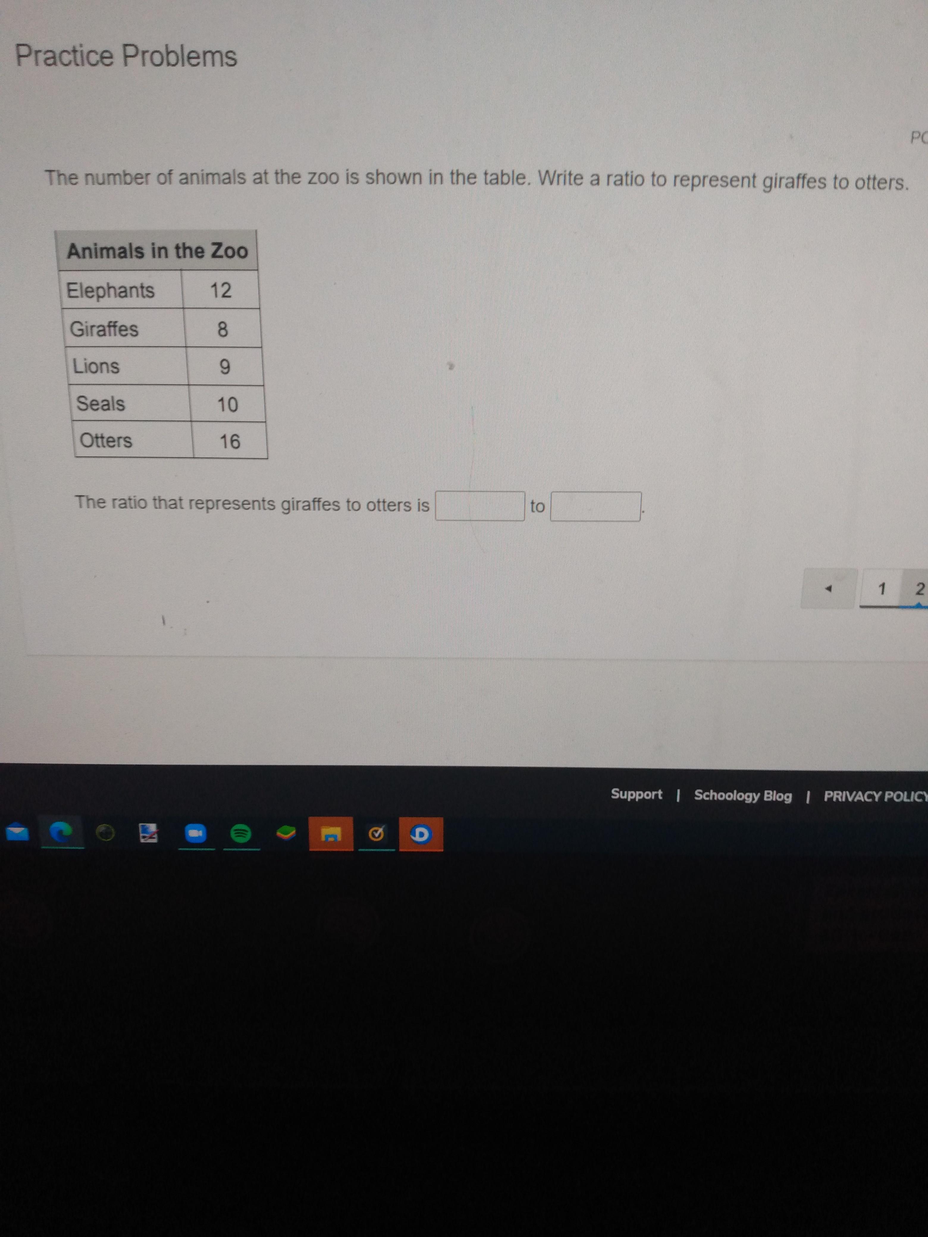 The Number Of Animals At The Is Shown In The Table. Write A Ratio To Represent Giraffes To Otters.