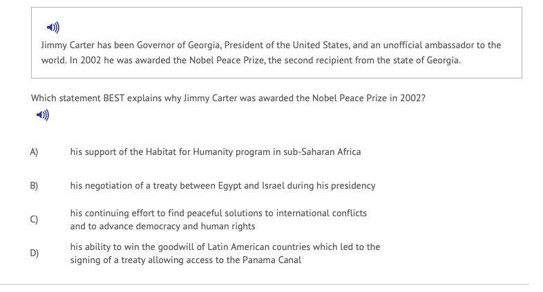 Which Statement Best Explains Why Jimmy Carter Was Awarded The Nobel Peace Prize In 2002?