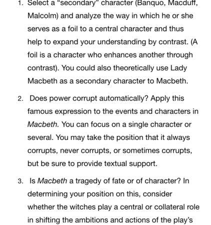 1. Select A Secondary" Character (Banquo, Macduff, Malcolm) And Analyze The Way In Which He Or She Serves