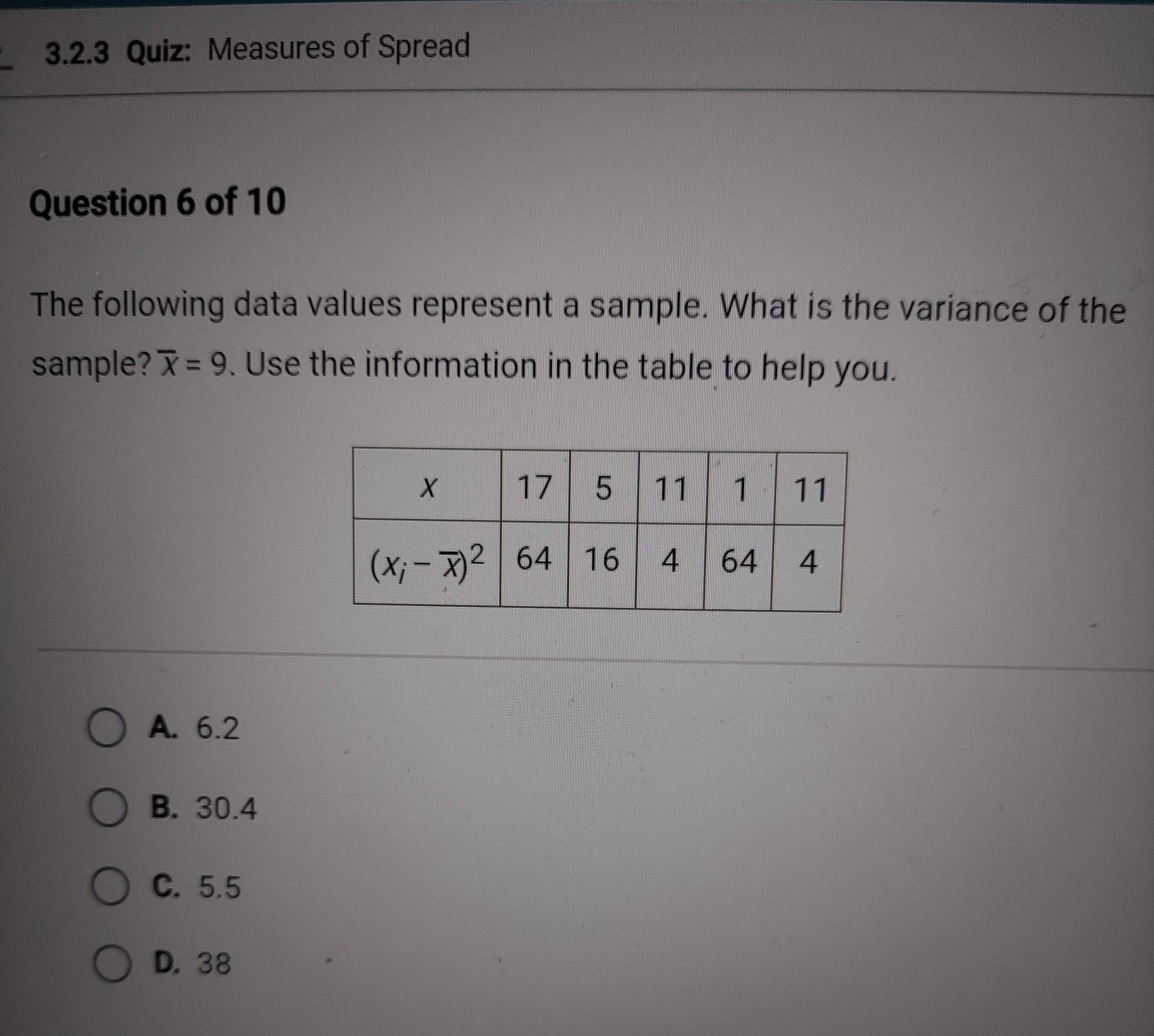 Question 6 Of 10 The Following Data Values Represent A Sample. What Is The Variance Of The Sample? X