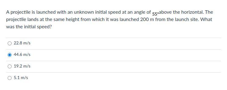 A Projectile Is Launched With An Unknown Initial Speed At An Angle Of 55 Degrees Above The Horizontal.