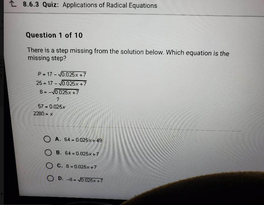 There Is A Step Missing From The Solution. Which Equation Is The Missing Step?