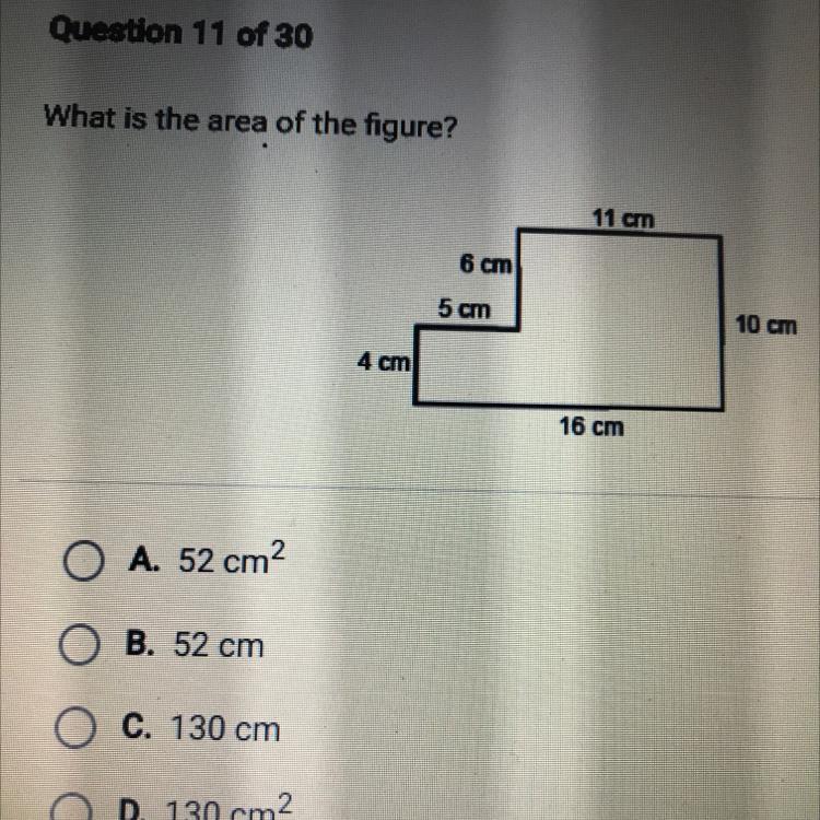 What Is The Area Of The Figure?A. 52 Cm2B. 52 CmO C. 130 CmO D. 130 Cm2