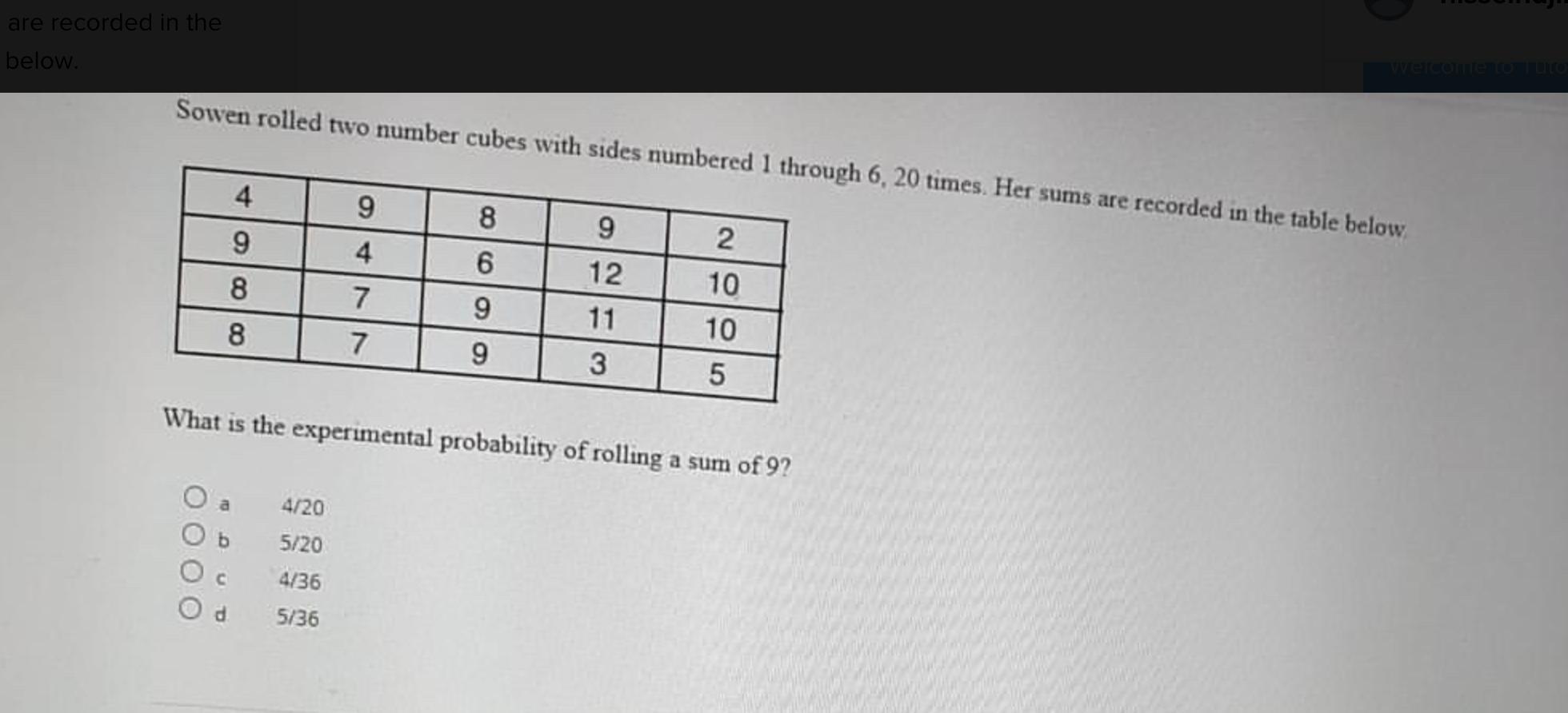 Sowen Rolled Two Number Cubes With Sides Numbered 1 Through 6, 20 Times. Her Sums Are Recorded In The