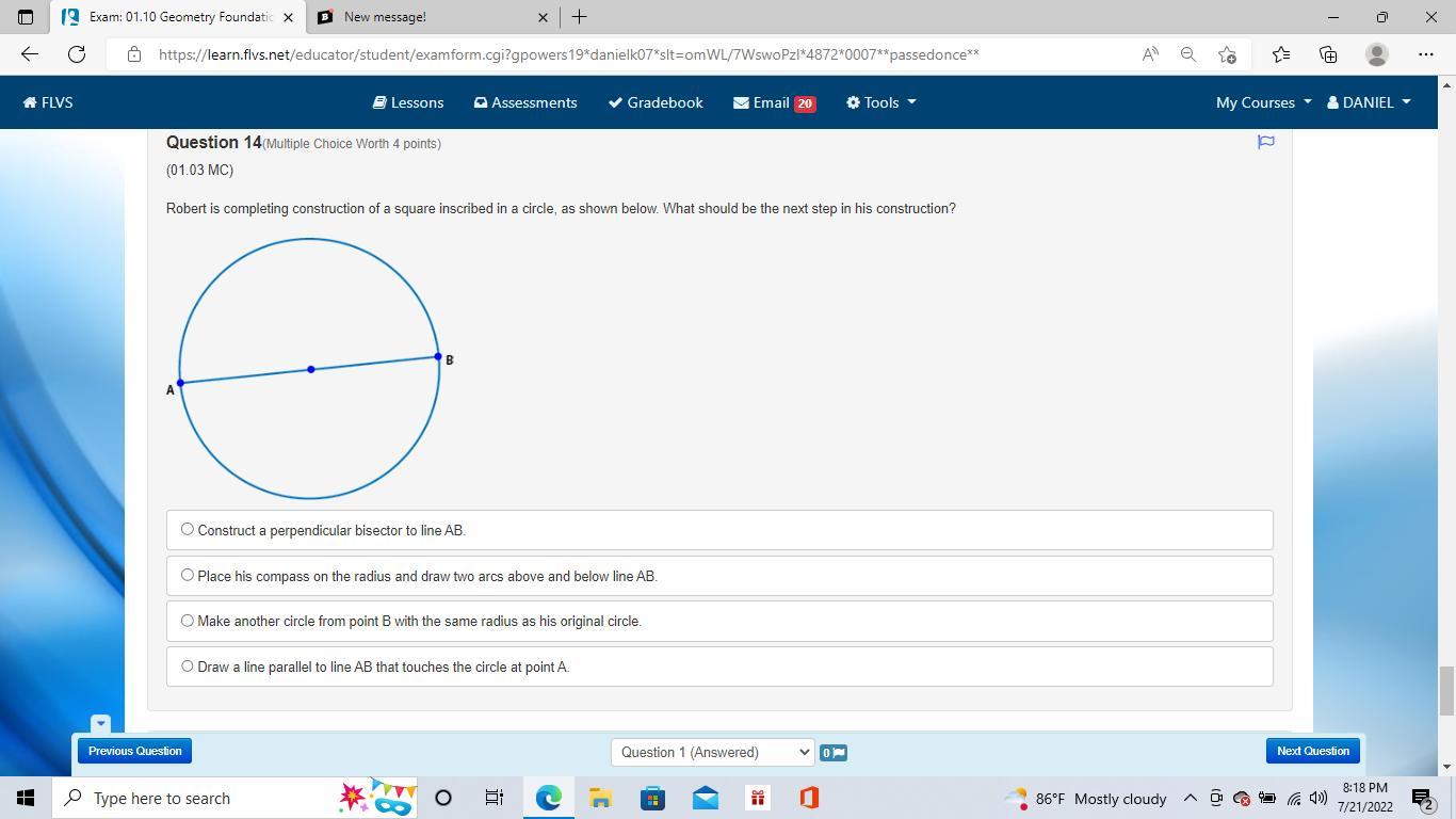 Robert Is Completing Construction Of A Square Inscribed In A Circle, As Shown Below. What Should Be The