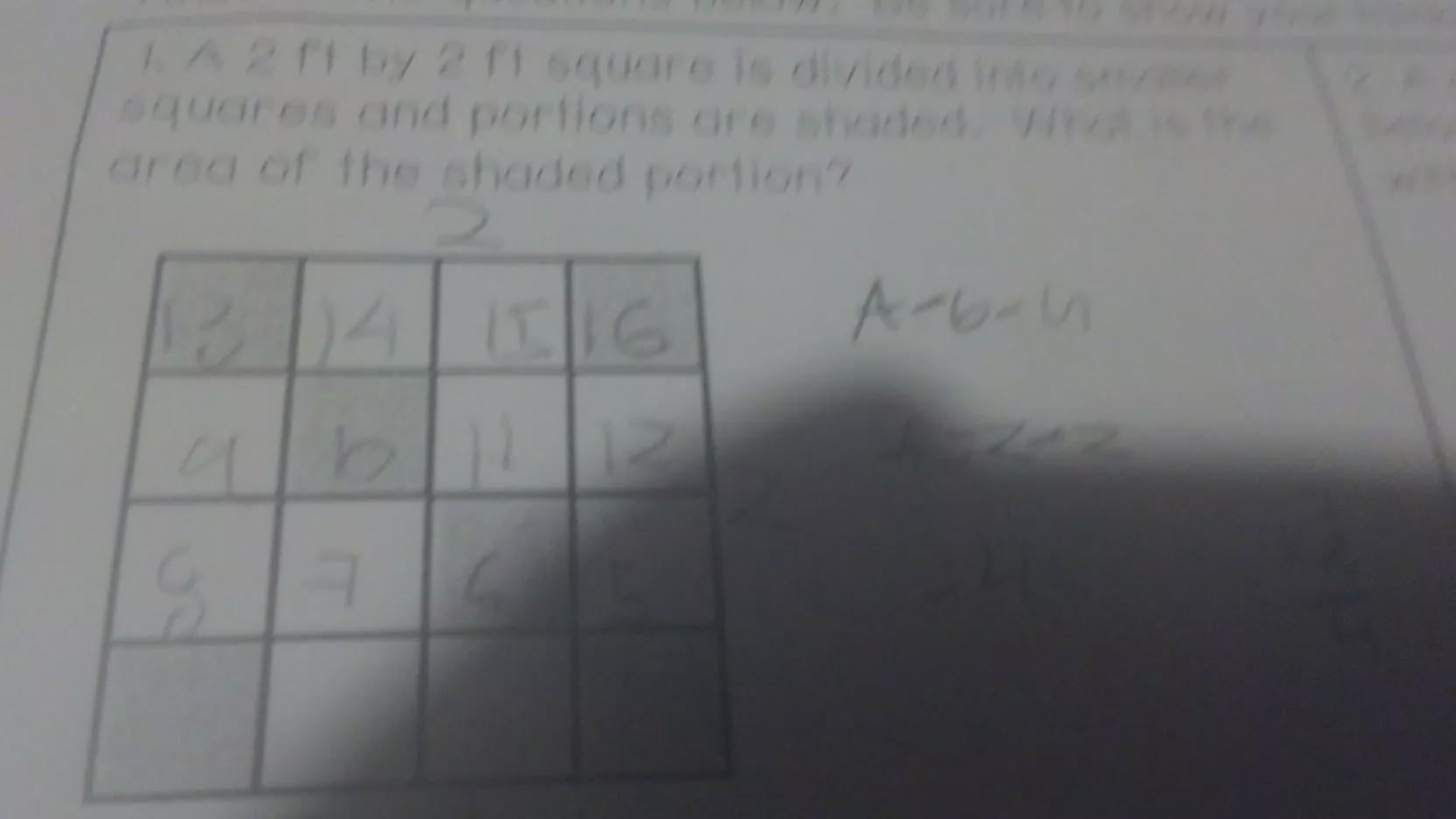 A 2 Ft By 2 Ft Square Is Divided Into Smaller Squares And Portions Are Shaded. What Is The Are Of The