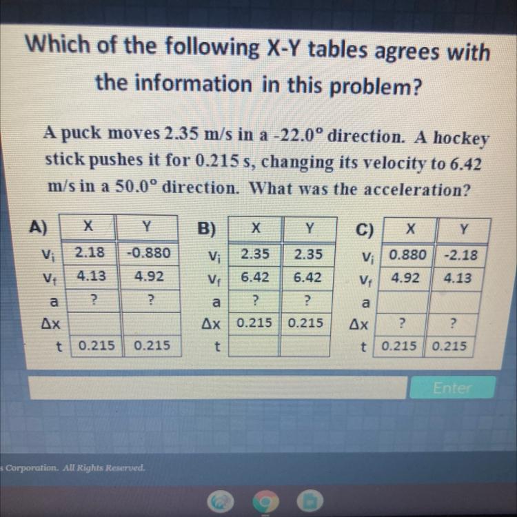 Which Of The Following X-Y Tables Agrees Withthe Information In This Problem?A Puck Moves 2.35 M/s In