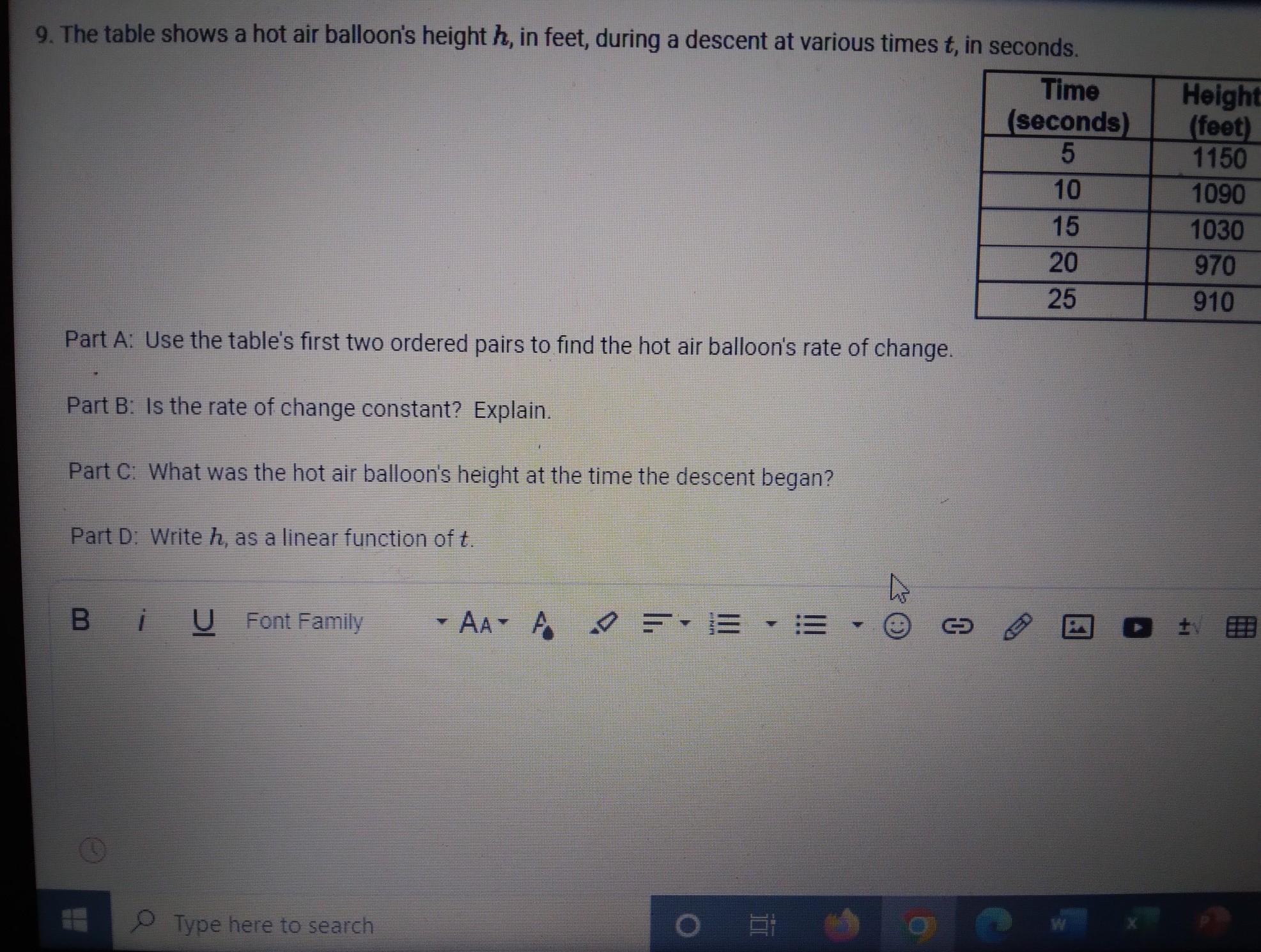 PLS HELP WILL GIVE BRAINLIEST The Table Shows A Hot Air Balloon's Height H, In Feet, During A Descent