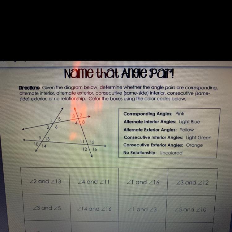 Name That Ange Pair!Drections Given The Diagram Below, Determine Whether The Angle Pairs Are Corresponding,alternate