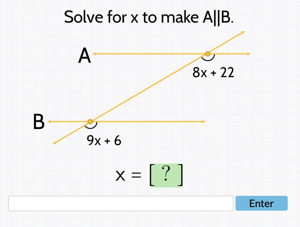 Solve For X To Make A||B. A 8x + 22 B 9x + 6x = [ ? ] I Already Entered 8.9 And 9 As Answers