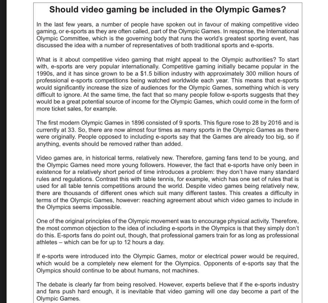 Write A Summary About The Arguments For AND Against Including Video Gaming In TheOlympic Games.Your Summary