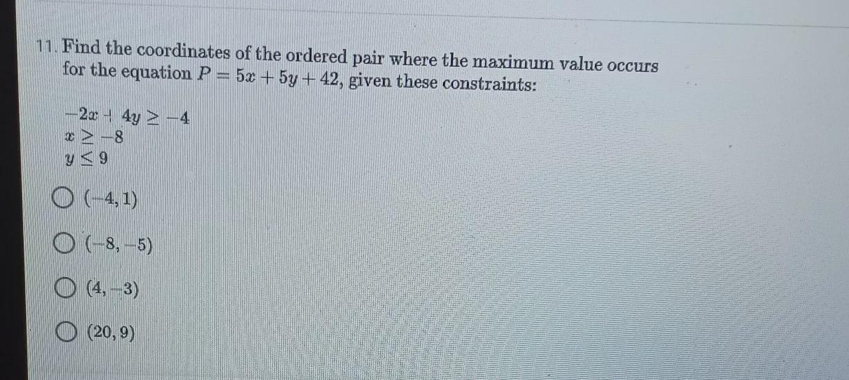 Find The Coordinates Of The Ordered Pair Where The Maximum Value Occurs For Equation P Equals 5 X + 5y
