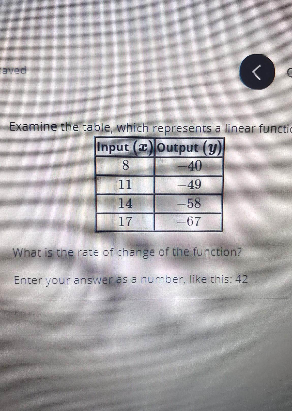 Examine The Table, Which Represents A Linear Function. Input (C) Output (y) 8 -40 -49 -58 What Is The