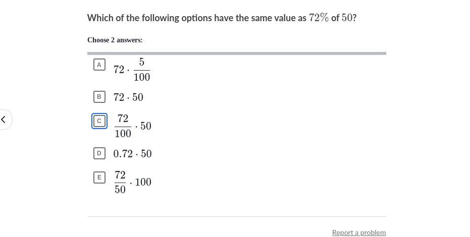 Which Of The Following Options Have The Same Value As 72%, Percent Of 50?