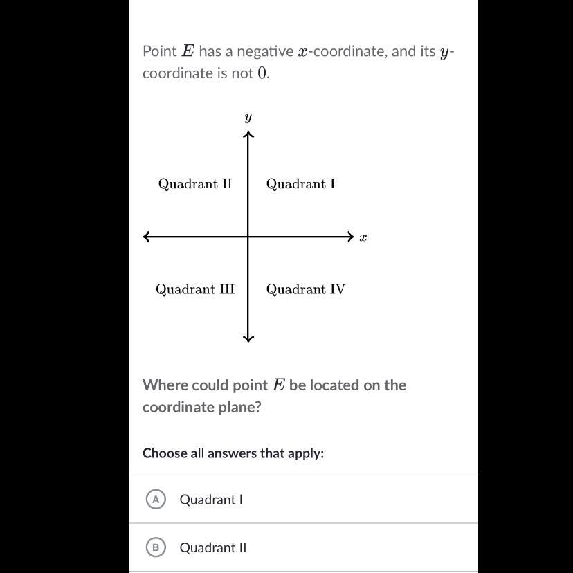 Where Could Point E Be Located On The Coordinate Plane? Ill Mark You As Brainliest! Quadrant One, Or