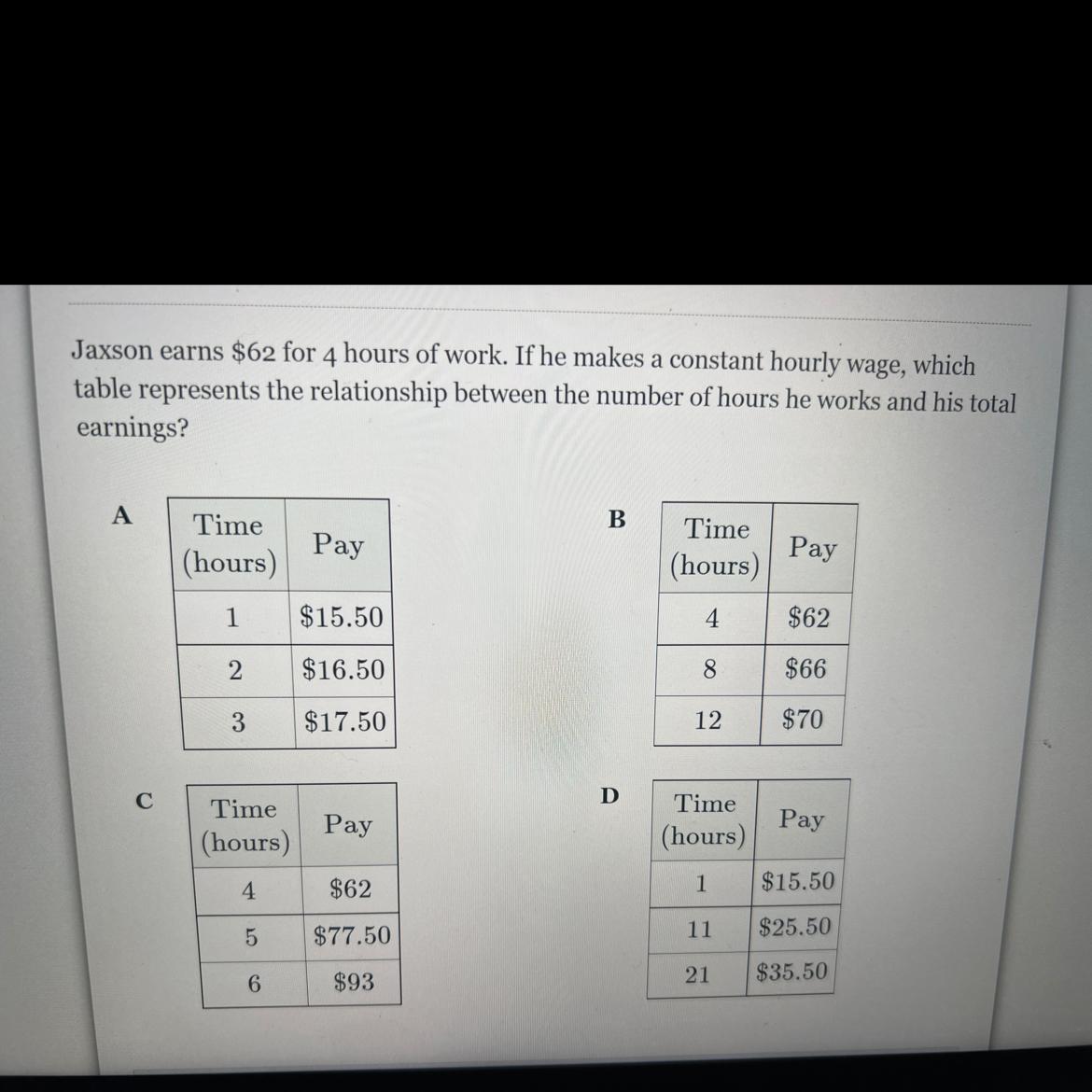 Jaxson Earns $62 For 4 Hours Of Work. If He Makes A Constant Hourly Wage, Whichtable Represents The Relationship