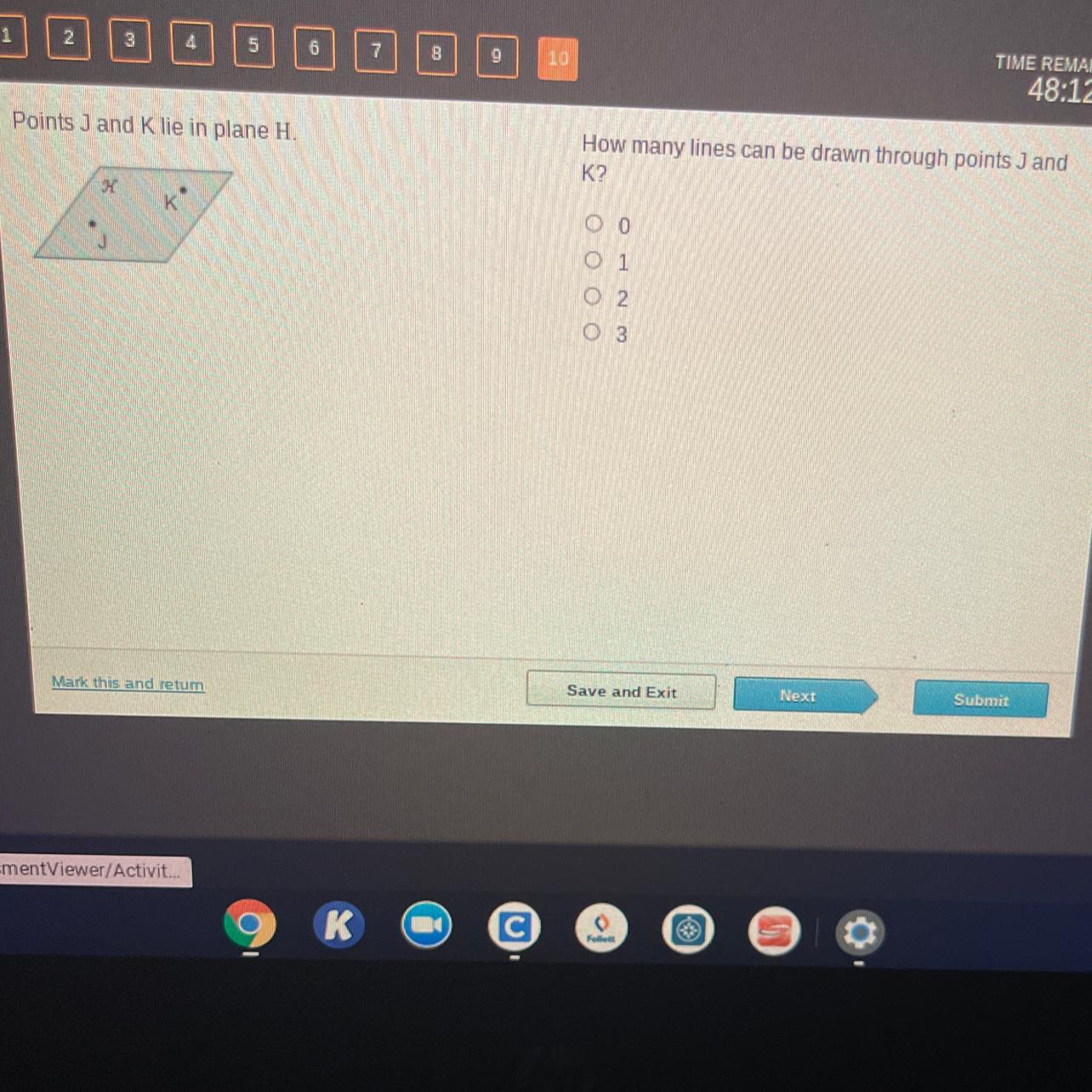 Points J And Klie In Plane H.How Many Lines Can Be Drawn Through Points J AndK?0 00 1O2O 3