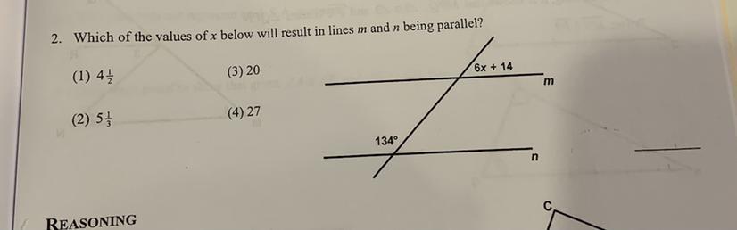 2. Which Of The Values Of X Below Will Result In Lines M And N Being Parallel?(1) 41(3) 206x + 14m(2)