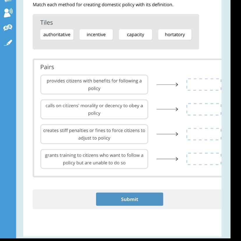 Match Each Method For Creating Domestic Policy With Its Definition.