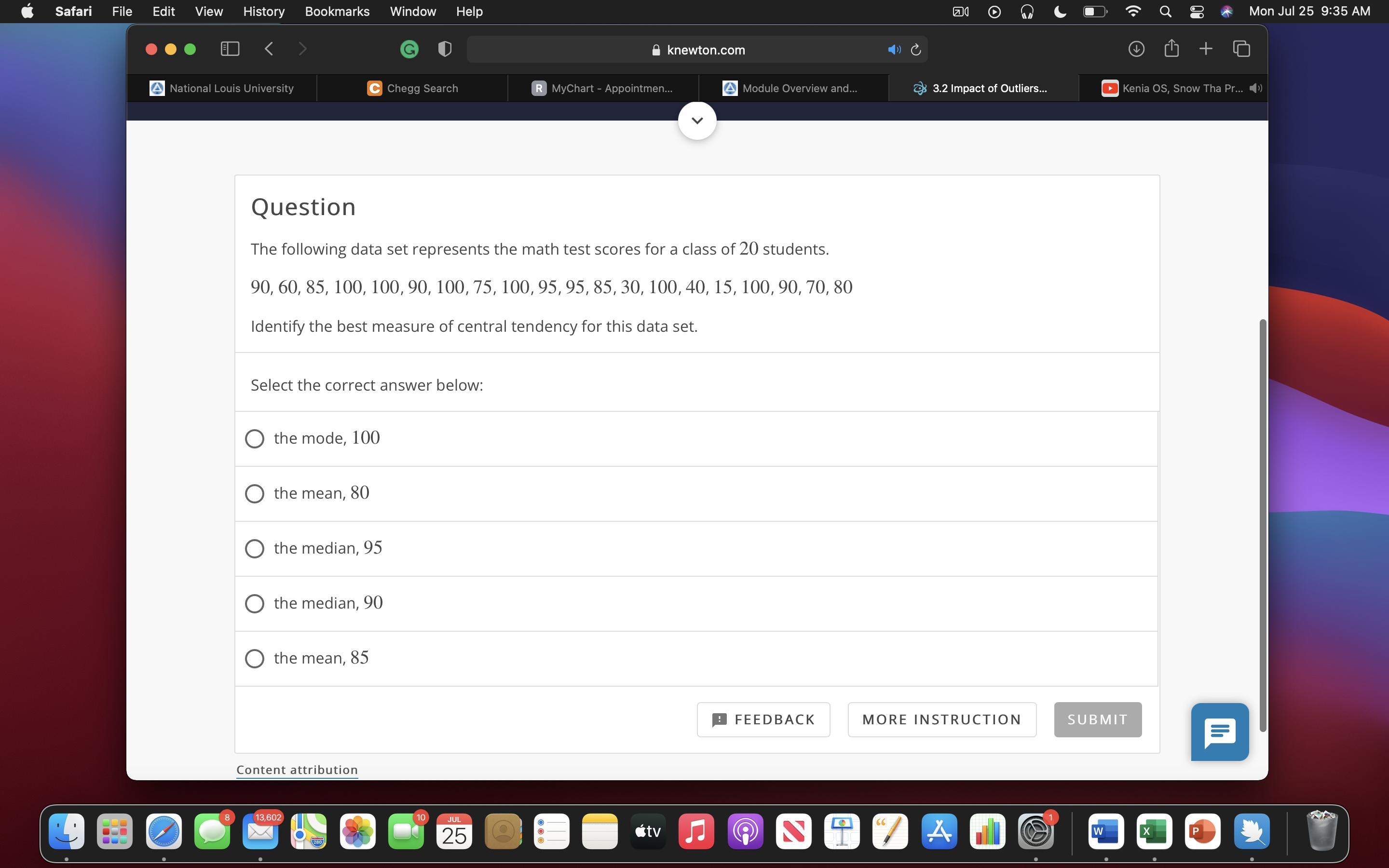 The Following Data Set Represents The Math Test Scores For A Class Of 20 Students.90, 60, 85, 100, 100,