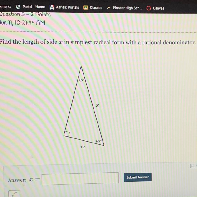 Find The Length Of Side X In Simplest Radical Form With A Rational Denominator.306012