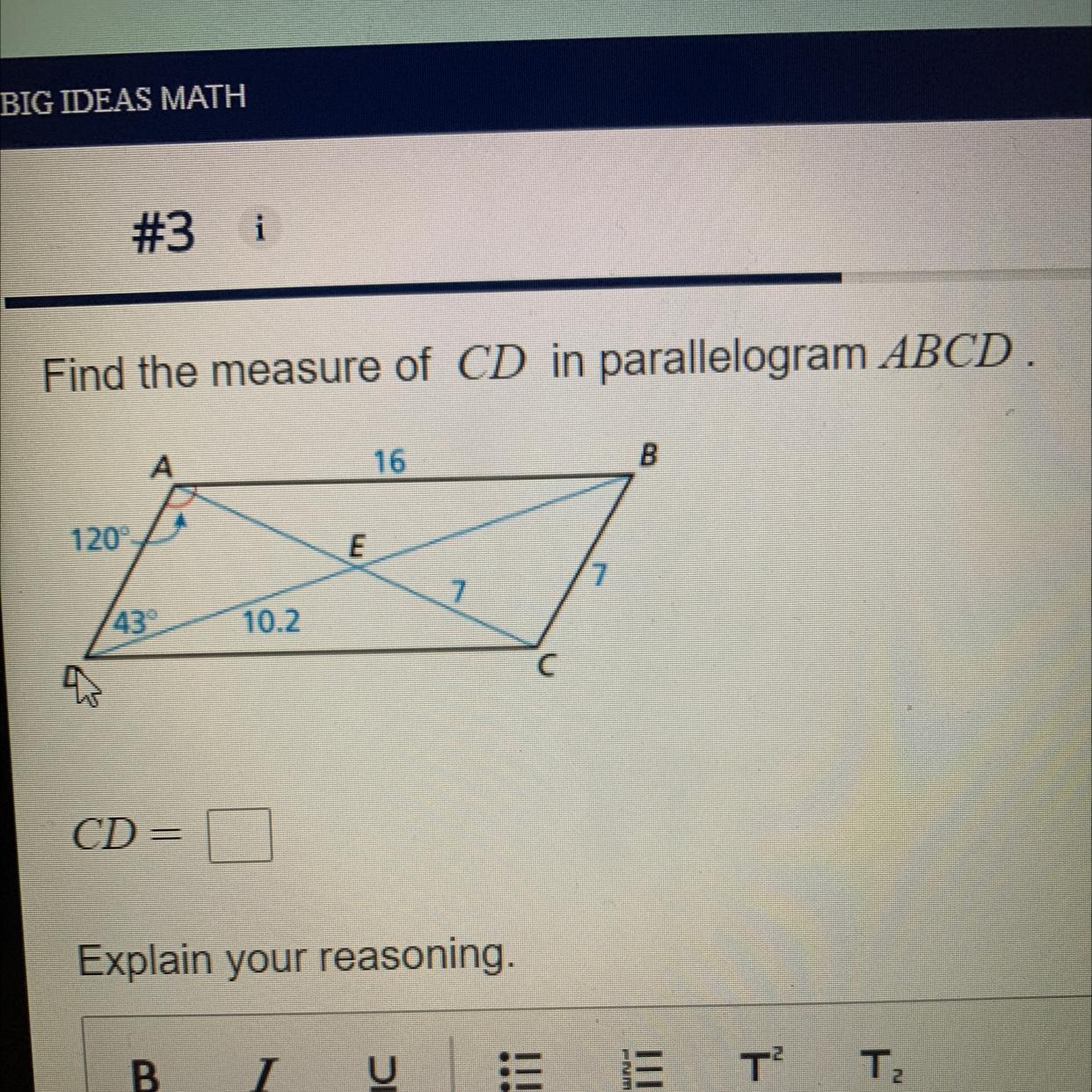 Find The Measure Of CD In Parallelogram ABCD.A16B120E774310.2CD=