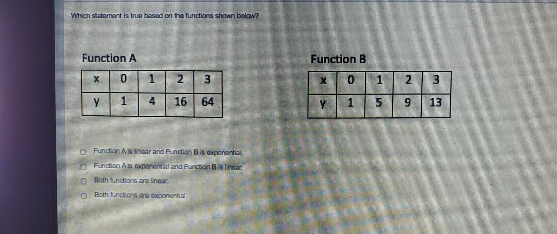 A. Function A Is Linear And Function B Is Exponential. B. Function A Is Exponential And Function B Is