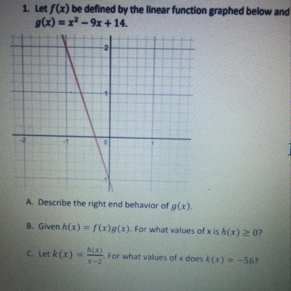 1. Let F(x) Be Defined By The Linear Function Graphed Below Andg(x) = X2 - 9x + 14.IA. Describe The Right