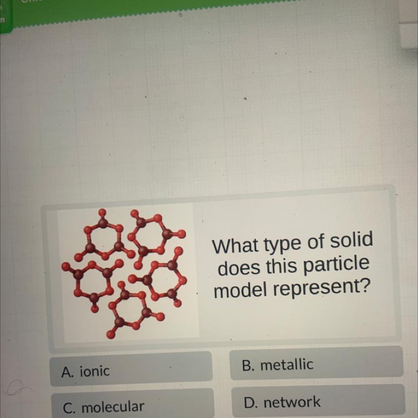 What Type Of Soliddoes This Particlemodel Represent? A. IonicC. MolecularB. MetallicD. Network