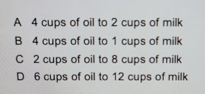 6. Alyssa Is Making A Recipe That Requires 2 Cup Of Oil And 4 Cups Of Milk. Which Of The Following Combinations