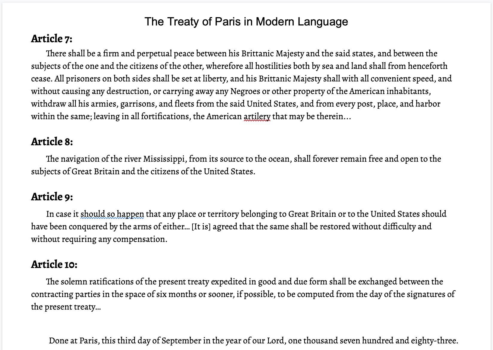 Read The The Treaty Of Paris In Modern Language Article To Answer The Questions!