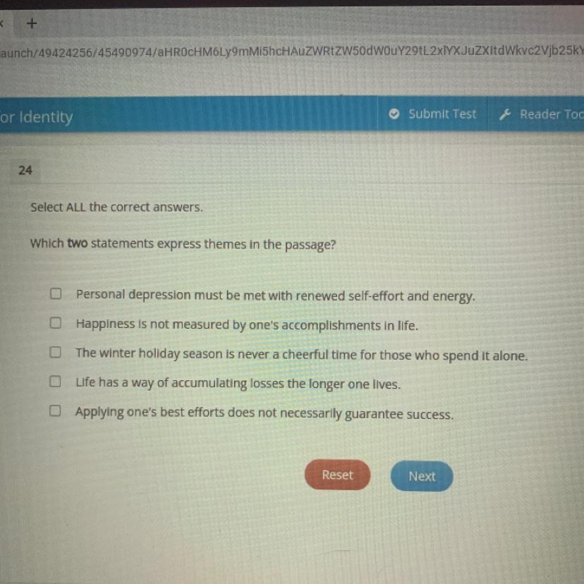 Select ALL The Correct Answers.Which Two Statements Express Themes In The Passage?Personal Depression