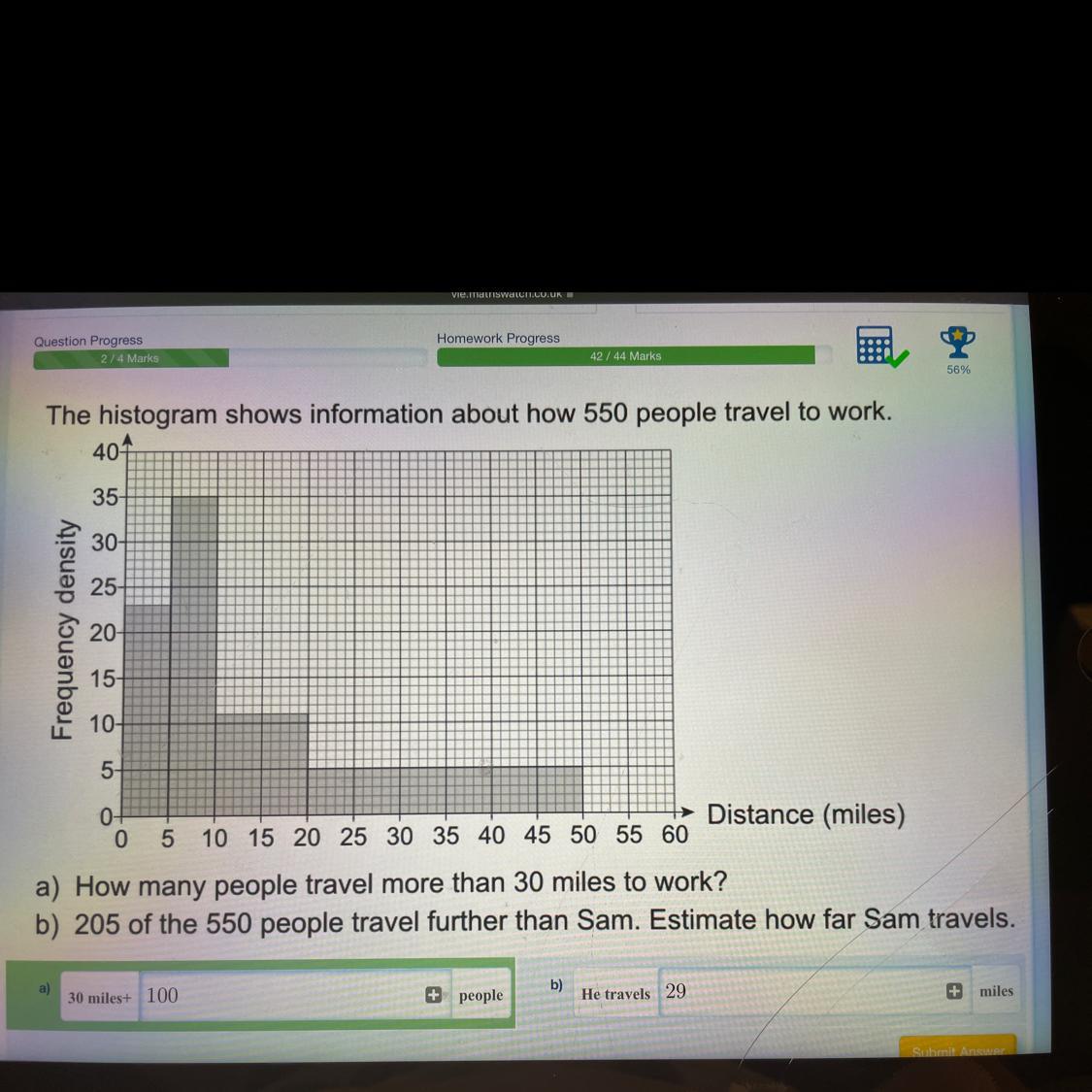 2/4 MarksFrequency Density42/44 MarksThe Histogram Shows Information About How 550 People Travel To Work.4035-30-25-20-15-10-5-0+0