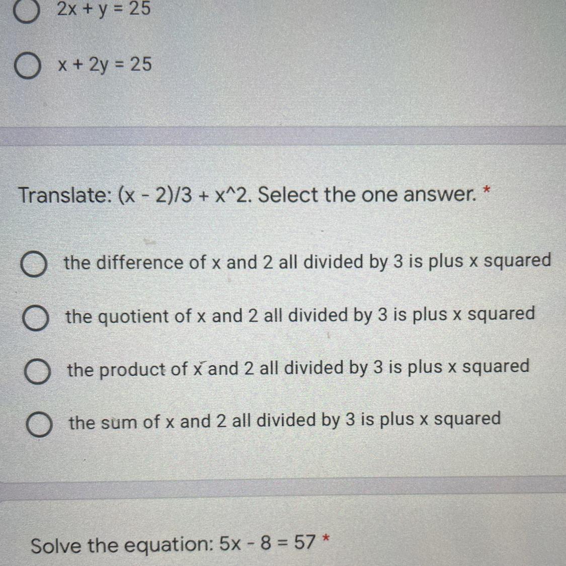 Translate: (x - 2)/3 + X^2. Select The One Answer.