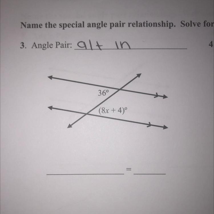 What Would X=? Alternate Exterior &amp; Interior Angles, 8th Grade Math! Help Would Be Appreciated &lt;3