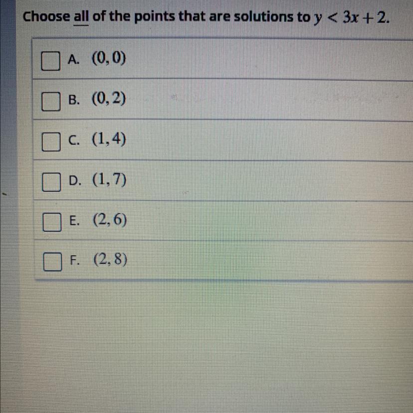 Choose All Of The Points That Are Solutions To Y&lt;3x+2: A. (0,0) B. (0,2) C. (1,4) D. (1,7) E. (2,6)