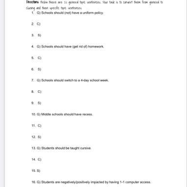 Directions: Below There Are 20 General Topic Sentences. Your Task Is To Convert Them From General To