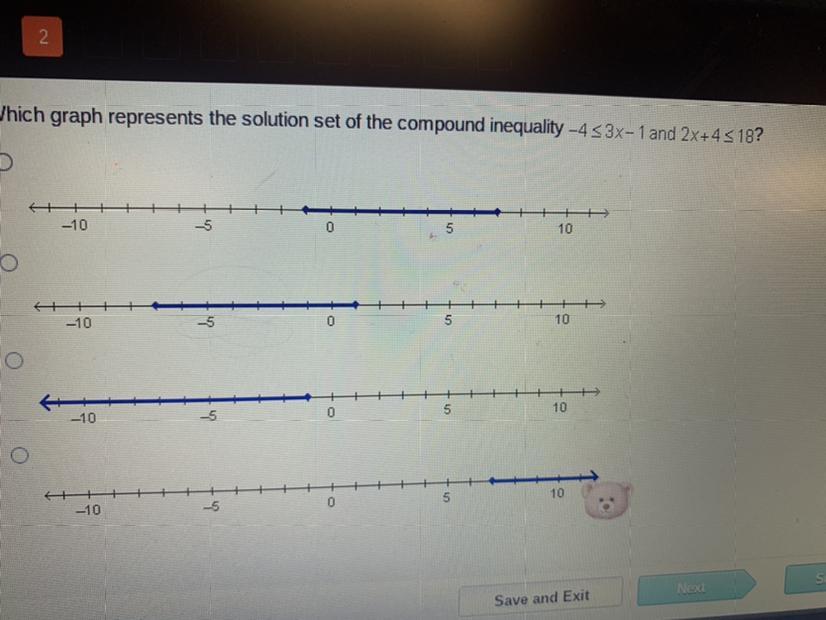 Which Graph Represents The Solution Set Of The Compound Inequality -43x-1 And 2x+43 18?;+-10-5010-10-50510-1010-100510