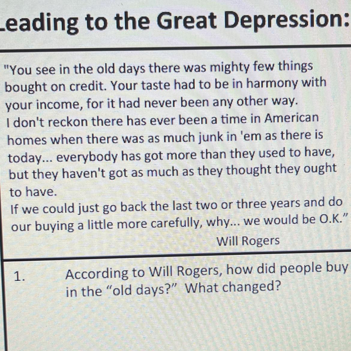 According To Will Rogers, How Did People Buyin The "old Days?" What Changed?