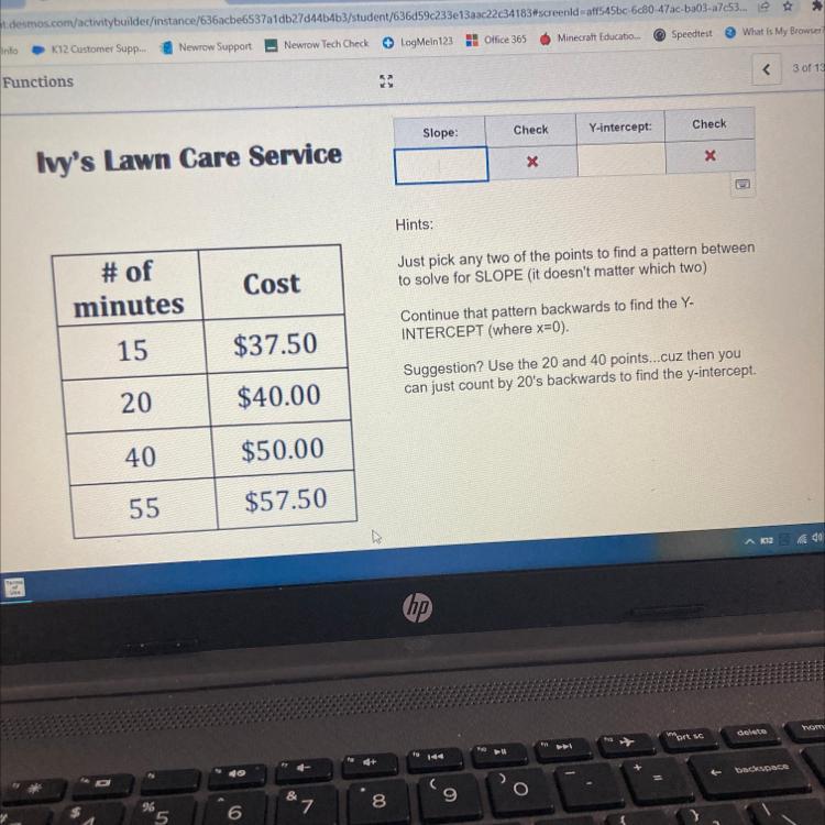 Ivy's Lawn Care Service# Ofminutes15204055Cost$37.50$40.00$50.00$57.50Slope:CheckXY-intercept:CheckContinue