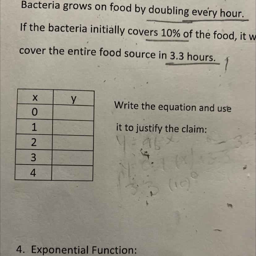 3. Exponential Function:Bacteria Grows On Food By Doubling Every Hour.If The Bacteria Initially Covers