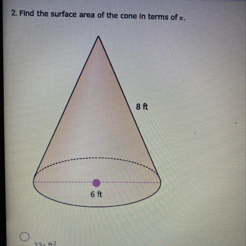 2. Find The Surface Area Of The Cone In Terms Of Pi.A. 33pi FtB. 60pi FtC. 53pi FtD. 47pi Ft