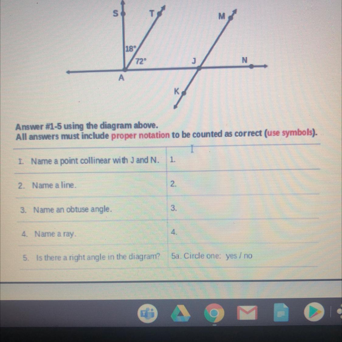 1. Name A Point Collinear With J And N12 Name A Line.123. Name An Obtuse Angle.3.4 Name A Ray.45. Is