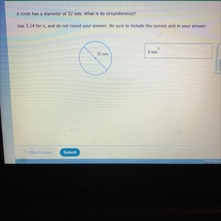 IIInitial Knowledge CheckA Circle Has A Diameter Of 32 Mm. What Is Its Circumference?Use 3.14 For It,