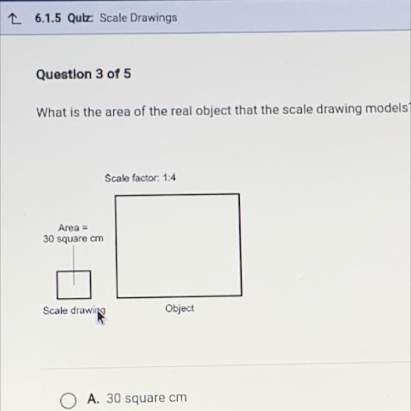 Scale Factor: 1:4Area A30 Square OmScale DrawingObjectO A. 30 Square CmO B3 120 Square CmOC. 24 Square