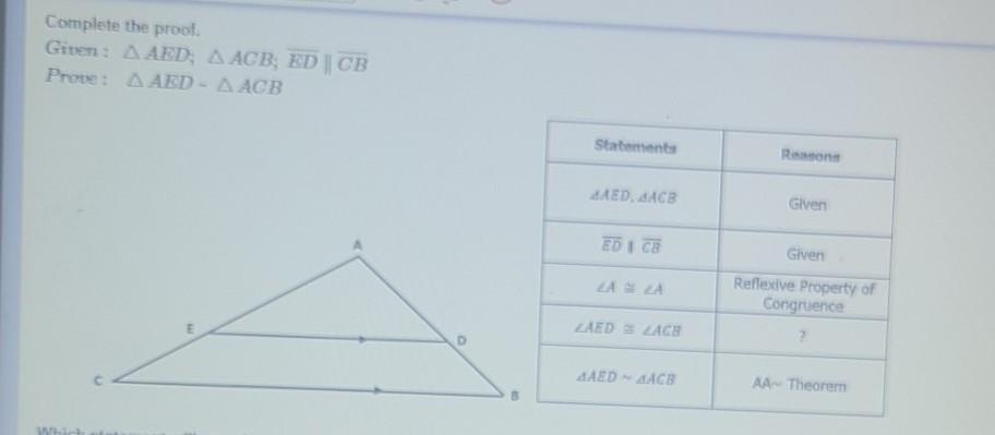 Which Statatement Will Complete The Proof.A)parallel Angles TheoremB) Corresponding AnglesC)alternate