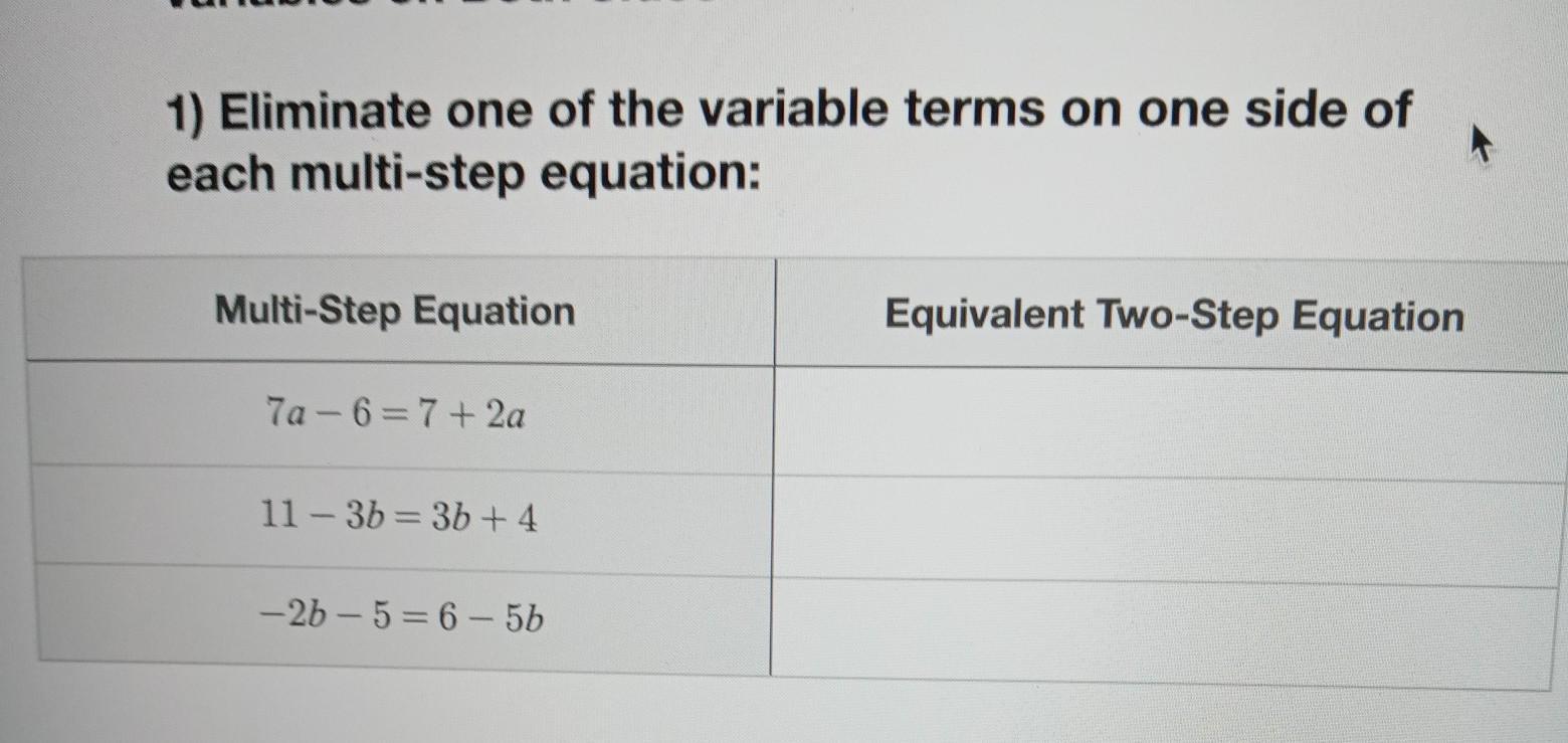 1) Eliminate One Of The Variable Terms On One Side Of Each Multi-step Equation: Multi-Step Equation 7a-6=7+