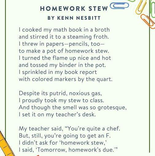 write a summary for the poem homework stew by kenn nesbitt
