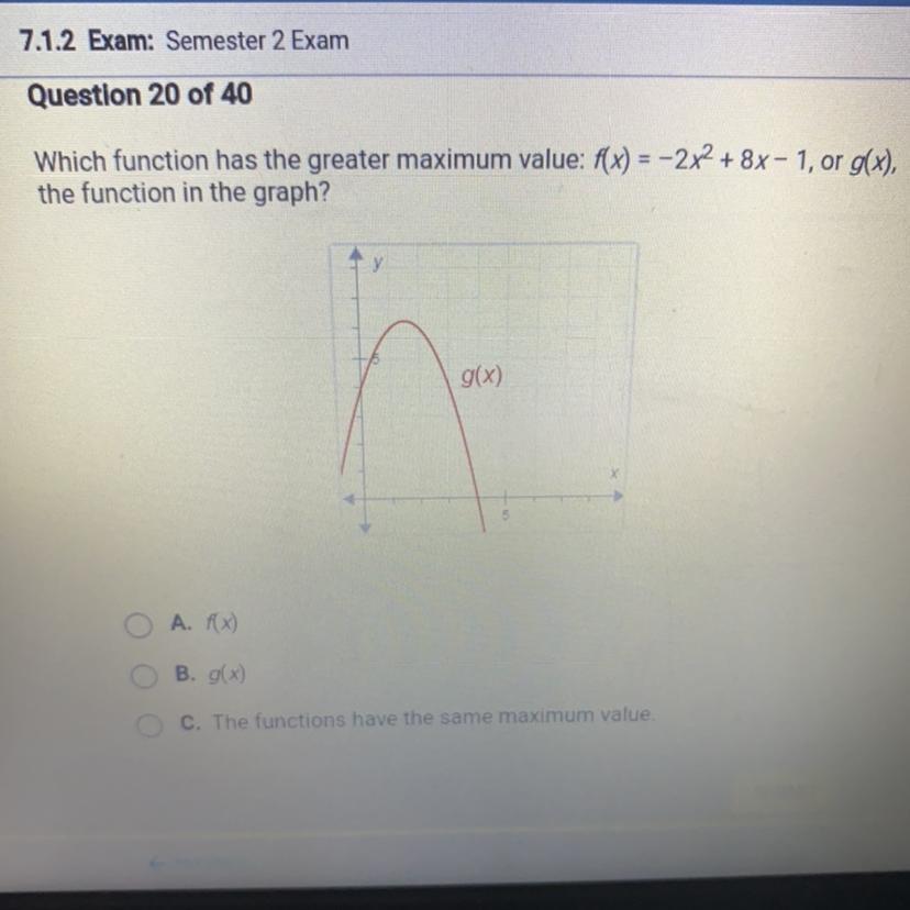 Which Function Has The Greater Maximum Value: F(x) = -2x2 + 8x-1, Or G(x),the Function In The Graph?A.